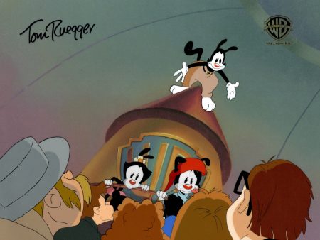 Animaniacs Original Production Cel with Matching Drawings Signed by Tom Ruegger: Yakko, Wakko, Dot For Sale