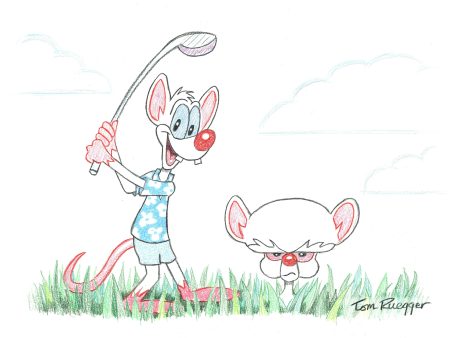 Tom Ruegger Original Signed Drawing: Pinky and the Brain Play Golf For Cheap