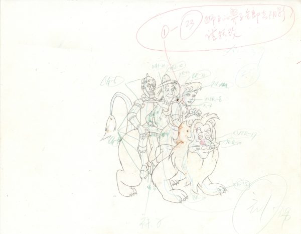 The Wizard of Oz Original Production Cel on Original Background with Matching Drawing: Tin Man, Scarecrow, Dorothy, Cowardly Lion Hot on Sale